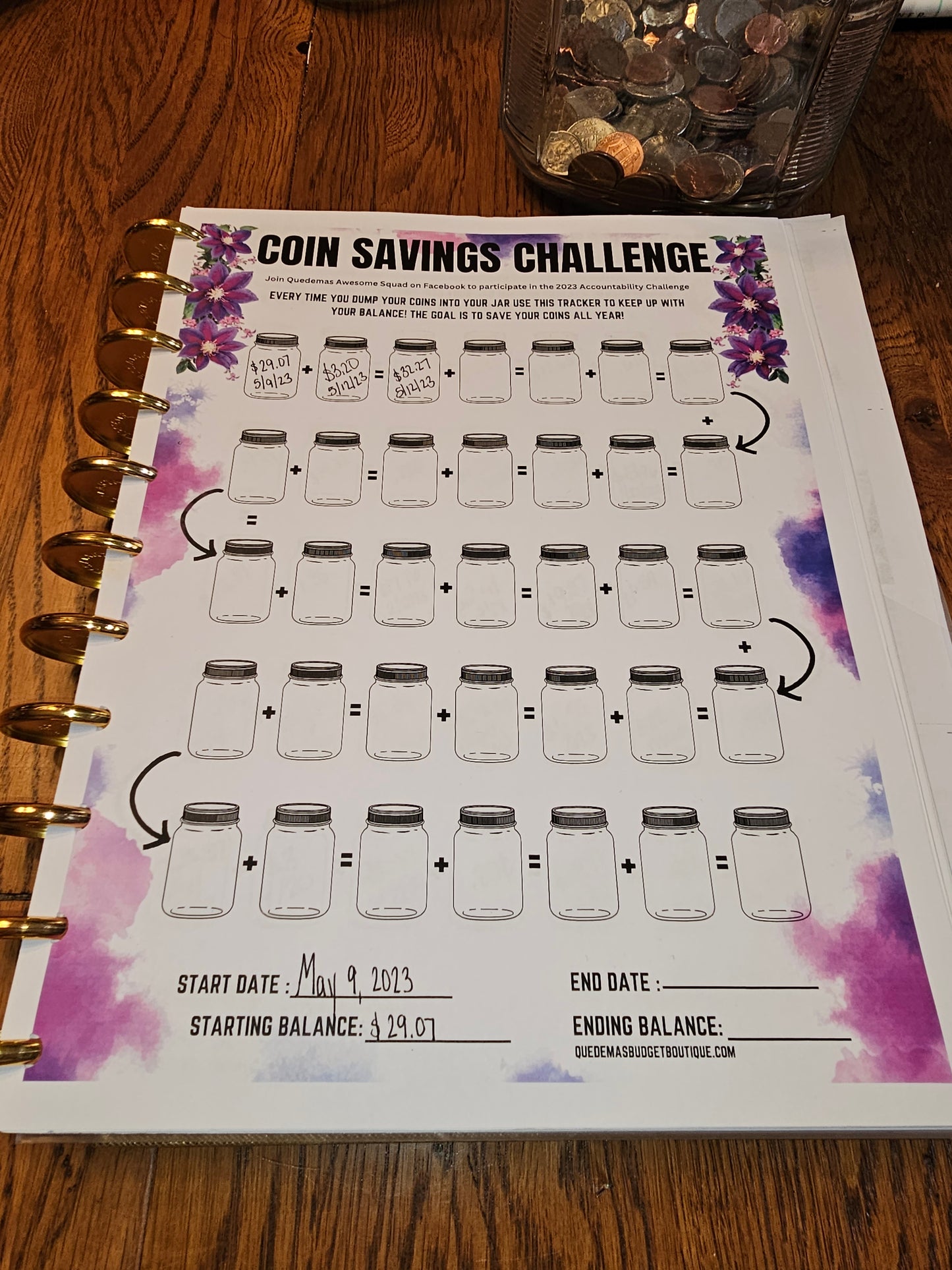 Coin Savings Challenge! Purple Flowers PDF Printable!  8.5 x 11