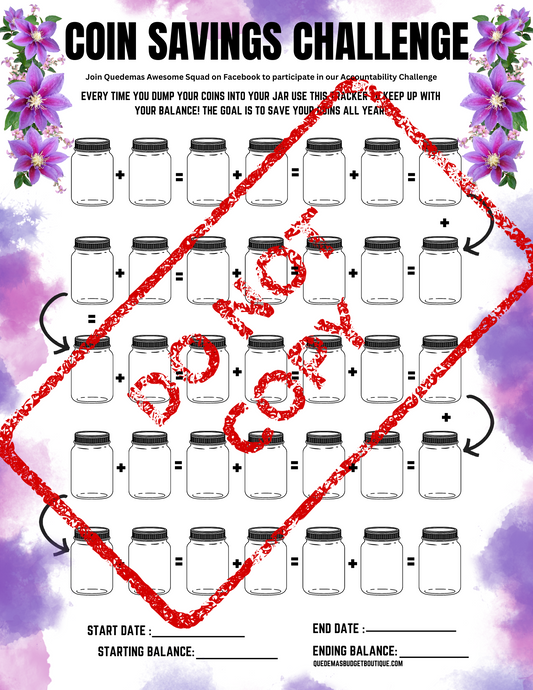 Coin Savings Challenge! Purple Flowers PDF Printable!  8.5 x 11