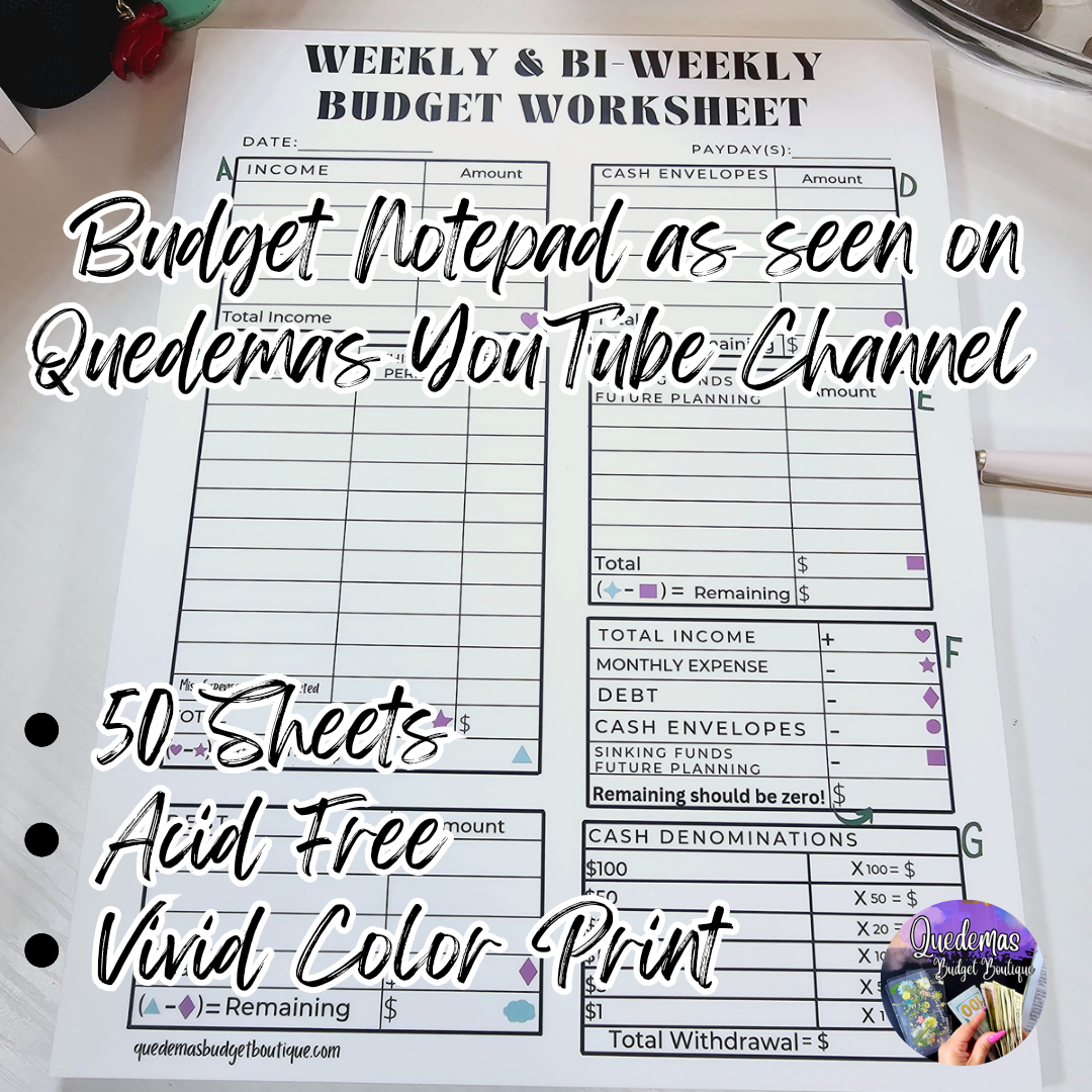Weekly / Biweekly Budget Notepad! 50 Sheets! As seen on Quedemas YouTube Channel!