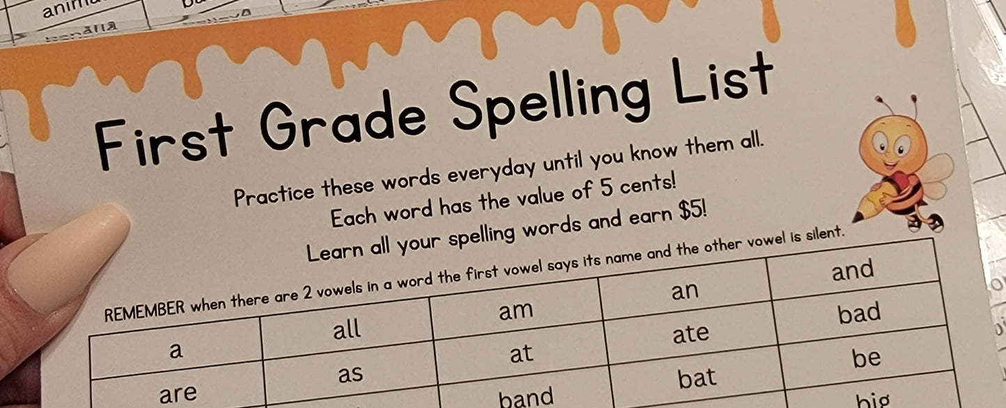 Learn & Earn Cash Spelling Words!!! Printed! Comes With 1 Envelope & Fine Point Marker! REUSABLE!!